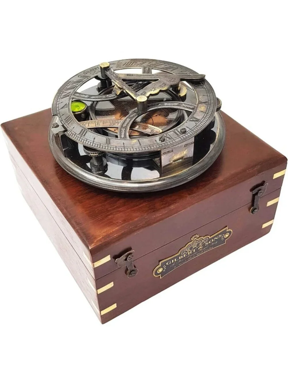 Home Silver Sundial Compass Rosewood Case Top Grade Calibrated Vintage Clock